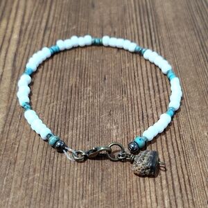 White and Turquoise Beaded Bracelet with Shell Charm,  Handmade Bracelet